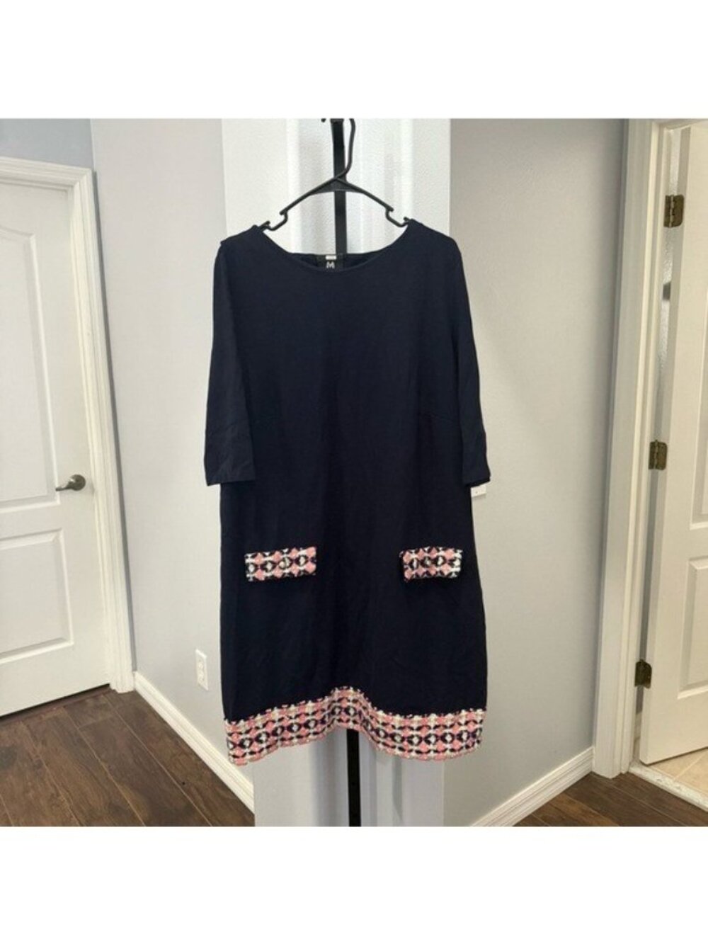 Madderson London Navy Blue Maternity Dress Boat Neckline Mod Print Shift 60s 18 - Picture 2 of 5